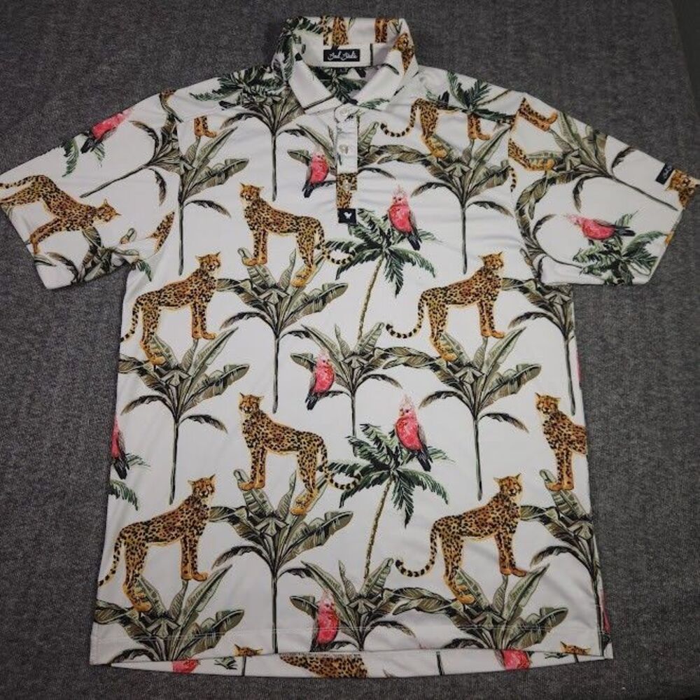 Bad Birdie Wildlife Polo Short Sleeve Shirt Mens L Tropical Cheetah Performance
